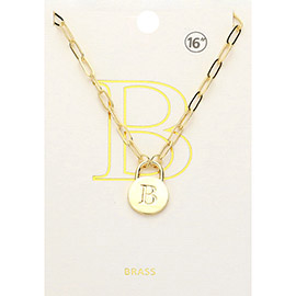 -B- Brass Metal Monogram Lock Pendant Necklace